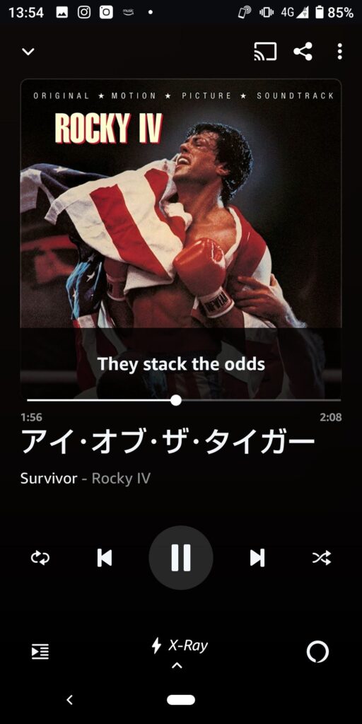 「Survivor」の「アイ・オブ・ザ・タイガー」という曲を再生中のスマートフォンの画面